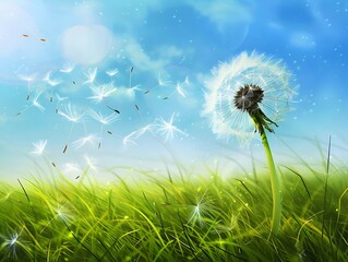 
A dandelion seed blowing in the wind against a blue sky.