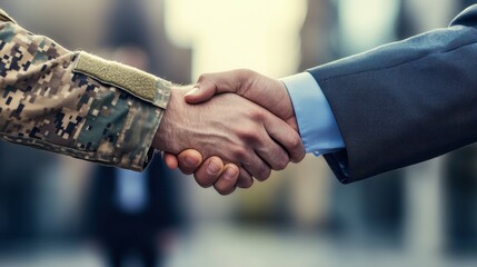 Close-up of a soldier and businessman shaking hands. Illustrates collaboration, support for veterans, or transition to civilian life.