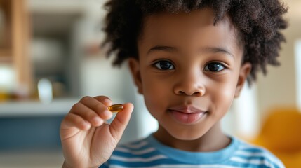 Child holding fish oil capsule omega-3 supplement for health and nutrition