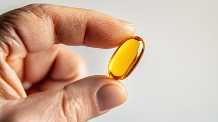 Close-up of hand holding fish oil omega capsule for health