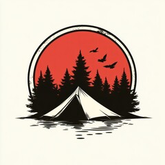 Lakeside Camping Scene With Coniferous Trees And Birds