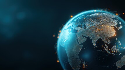 Obraz premium globe Global Connectivity and Networking 3D rendering of Earth with network connections forming a dynamic grid, data points representing global internet users and devices.