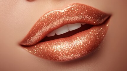Obraz premium Smiling Female Lips with Gold Glitter Lipstick, Close Up Beauty and Makeup Shot on Light Skin Tone