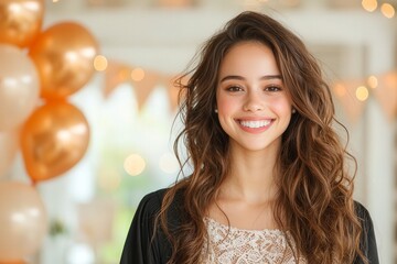 Smiling young woman with curly hair, dressed casually, in a festive setting with balloons and warm lights in the background.