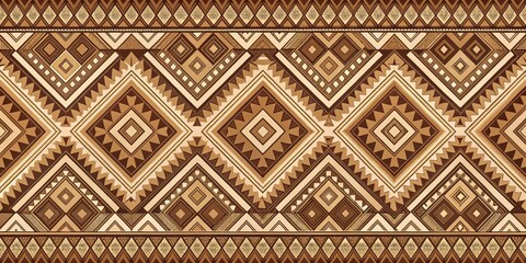 Geometric tribal style seamless pattern with diamond shapes and horizontal stripes in brown and beige tones, tribal