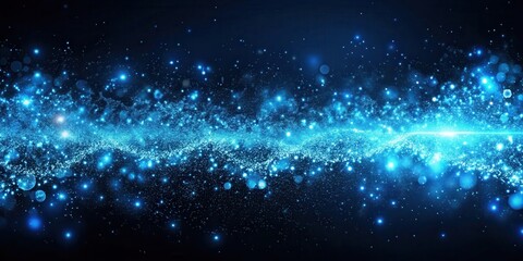 Obraz premium Abstract blue glowing particles creating a mesmerizing effect on a dark panoramic background in rendering, blurred, glowing