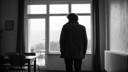 Lonely figure gazing through a window in monochrome.