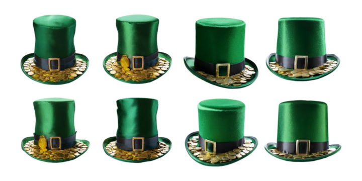 Green Hats with Coins for St. Patrick's Day Celebration,PNG set collection, isolated on transparent background