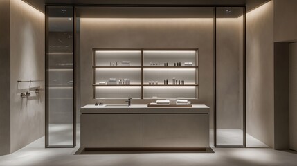 A luxurious modern bathroom with a frontal view of a large rectangular mirror mounted on a smooth, light gray wall with subtle texture and delicate natural variations.