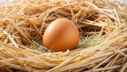Egg nestled in a bed of rice straw within a bale nest , egg, rice straw, bale, nest, farm, agriculture, organic, natural