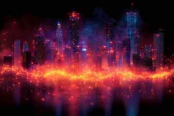 Naklejka premium A futuristic cityscape where real buildings are overlaid with holographic structures and glowing digital grids. A seamless blend of physical and virtual worlds