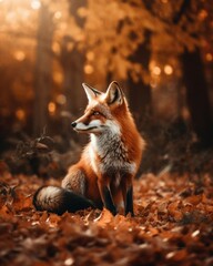 Naklejka premium A red fox standing on a bed of fallen autumn leaves, vibrant orange and yellow tones, soft sunlight filtering through the trees