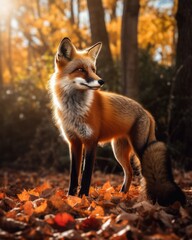 Fototapeta premium A red fox standing on a bed of fallen autumn leaves, vibrant orange and yellow tones, soft sunlight filtering through the trees
