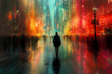 Obraz premium A futuristic cityscape where real buildings are overlaid with holographic structures and glowing digital grids. A seamless blend of physical and virtual worlds