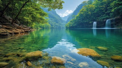 Tranquil mountain lake, waterfall, lush foliage, calm water, travel poster