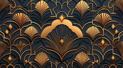 Elegant art deco pattern featuring gold motifs on a dark blue background, showcasing intricate designs reminiscent of vintage aesthetics.