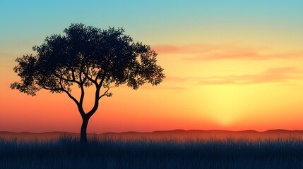 Fototapeta premium Serene Desert Sunset with Solitary Silhouetted Tree