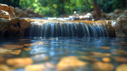 Tranquil waterfall cascading over rocks in a lush garden setting