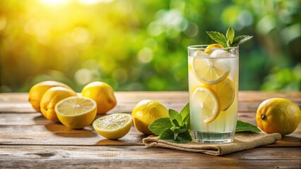 Fototapeta premium Refreshing glass of lemonade on a sunny day, summer, cold drink, citrus, yellow, beverage, relaxation