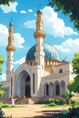 Beautiful mosque, sunny day, person praying.