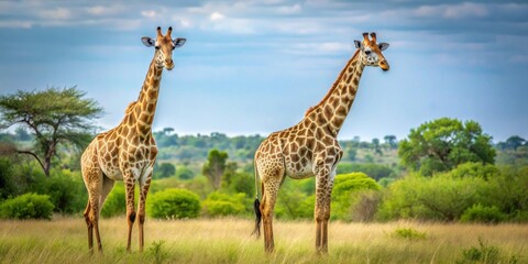 Obraz premium Two giraffes standing elegantly in Kruger National Park, South Africa, giraffe, wildlife, animals, safari, Africa