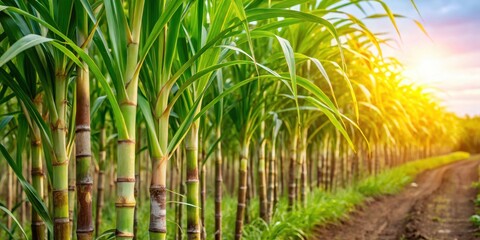 Obraz premium Selective focus on a sugarcane plant in a lush farm setting , agriculture, sugarcane, plantation, growth, green, leaves