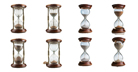 Vintage wooden hourglass in different angles isolated on transparent background