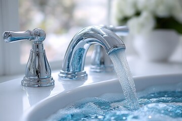 Chrome faucet, water flowing, fills basin.