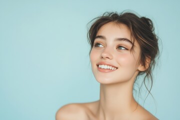 A young woman with a radiant smile looking to the side isolated on a soft blue background