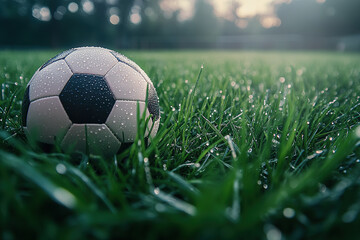 Fototapeta premium Soccer ball on dewy grass