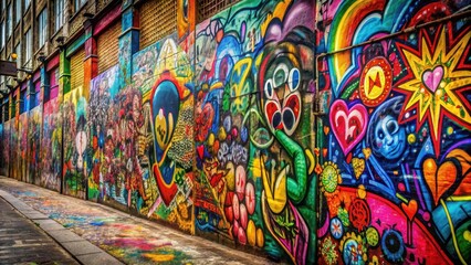 Colorful graffiti wall filled with intricate designs and messages , urban, street art, alleyway, vibrant
