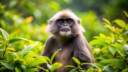 Obraz premium Dusky langur monkey exploring lush green foliage in the wild , Wildlife, nature, conservation, lush, green, foliage
