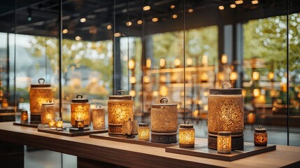 A beautifully arranged display of decorative lanterns casting a warm glow in a modern, airy space.