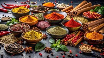 Aromatic culinary herbs and spices dramatically displayed on a black slate background.