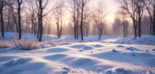 Obraz premium Frosty morning landscape with blurred snow and bokeh effect, frozen environment , snowy scene, blurred snow