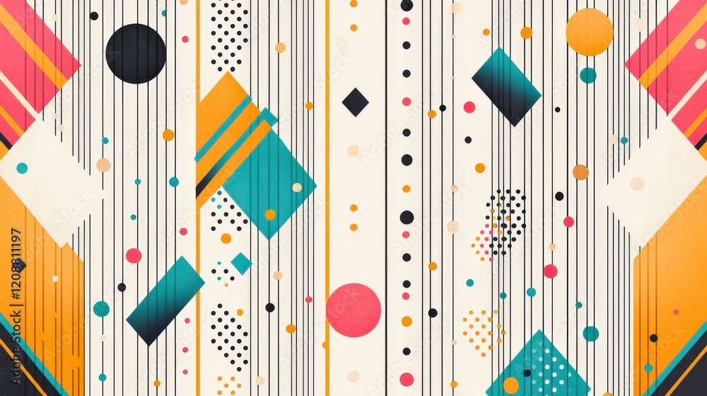 Poster colorful abstract design featuring geometric shapes and lines, creating a vibrant and dynamic visual