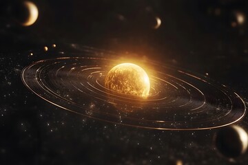 3D solar system animation, black background, sun in the center and planets orbiting around it
