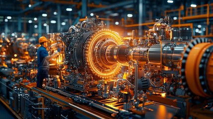 A technician works on a high-tech turbine engine in a modern industrial facility, showcasing intricate machinery and bright lighting.