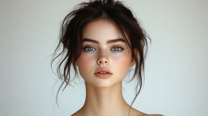 Portrait of a beautiful young woman with flawless, fresh skin, wearing a sleeveless body, emphasizing health and beauty, with a bright minimalistic background and clean, modern aesthetic

