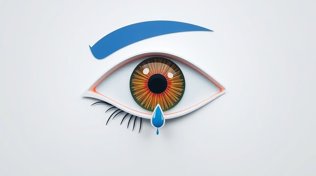A close-up illustration of an eye with vibrant green and brown hues, featuring a blue tear drop for emphasis on emotion.