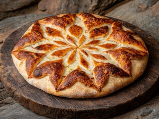 Delicious cheese bread with star-shaped crust baked on a wooden board