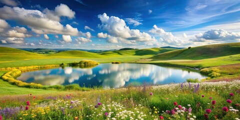 Fototapeta premium Beautiful rural landscape with rolling green hills, colorful wildflowers, a tranquil pond, and fluffy white clouds in the sky