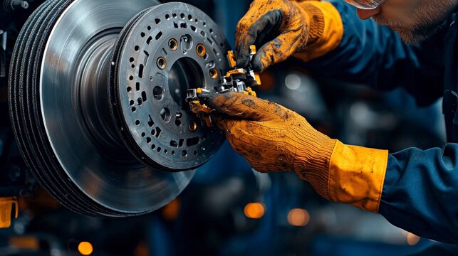 Close-up of a mechanic working on a car brake system, wearing gloves and focusing on precision in a workshop setting.