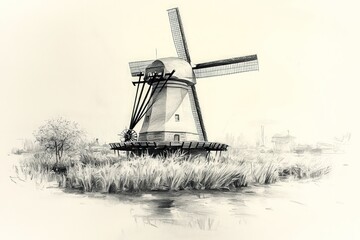 Pencil sketch, windmill, water, reeds, landscape.