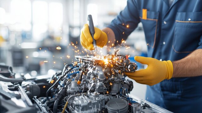 A mechanic repairs a motor, creating sparks, while wearing gloves in a workshop setting filled with tools and equipment.