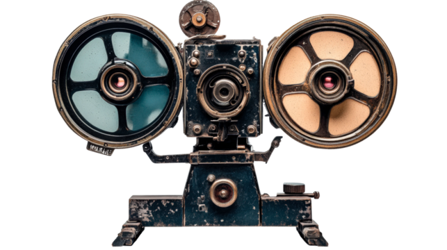 Vintage film projector showcasing classic movie memorabilia in a display setting isolated on transparent background