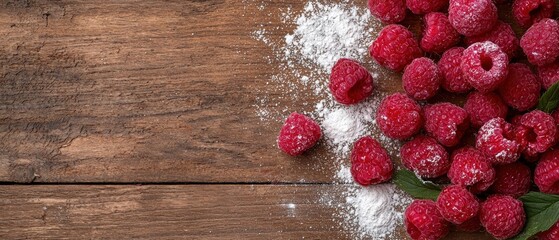 Fresh raspberries sprinkled with powdered sugar on a rustic wooden background