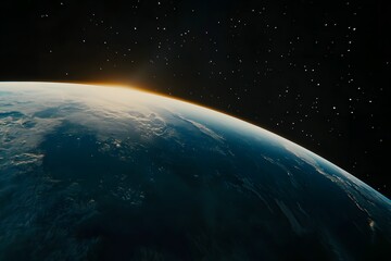 Obraz premium A view of the Earth from space, with its horizon visible and the sun rising on one side. The planet is depicted in blue tones against a black background. There are scattered stars across the sky