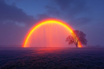Fototapeta premium Sunrise rainbow, solitary tree, frosty field.