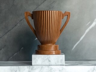 Wooden trophy on marble pedestal